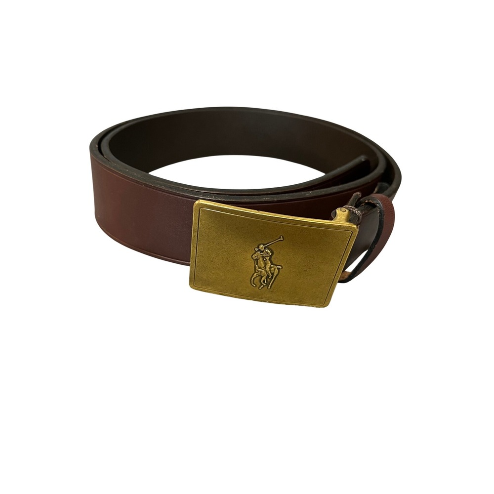 Polo Ralph Lauren Mens Brown Leather Belt Gold Logo Plaque Buckle 405920457002